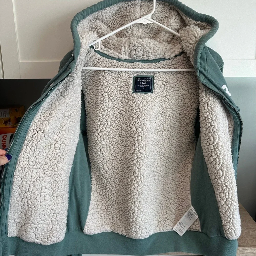 VTG Y2K Abercrombie Sherpa Lined Hoodie Full‎ Zip Teal Spellout Women's M Rare - Picture 4 of 11